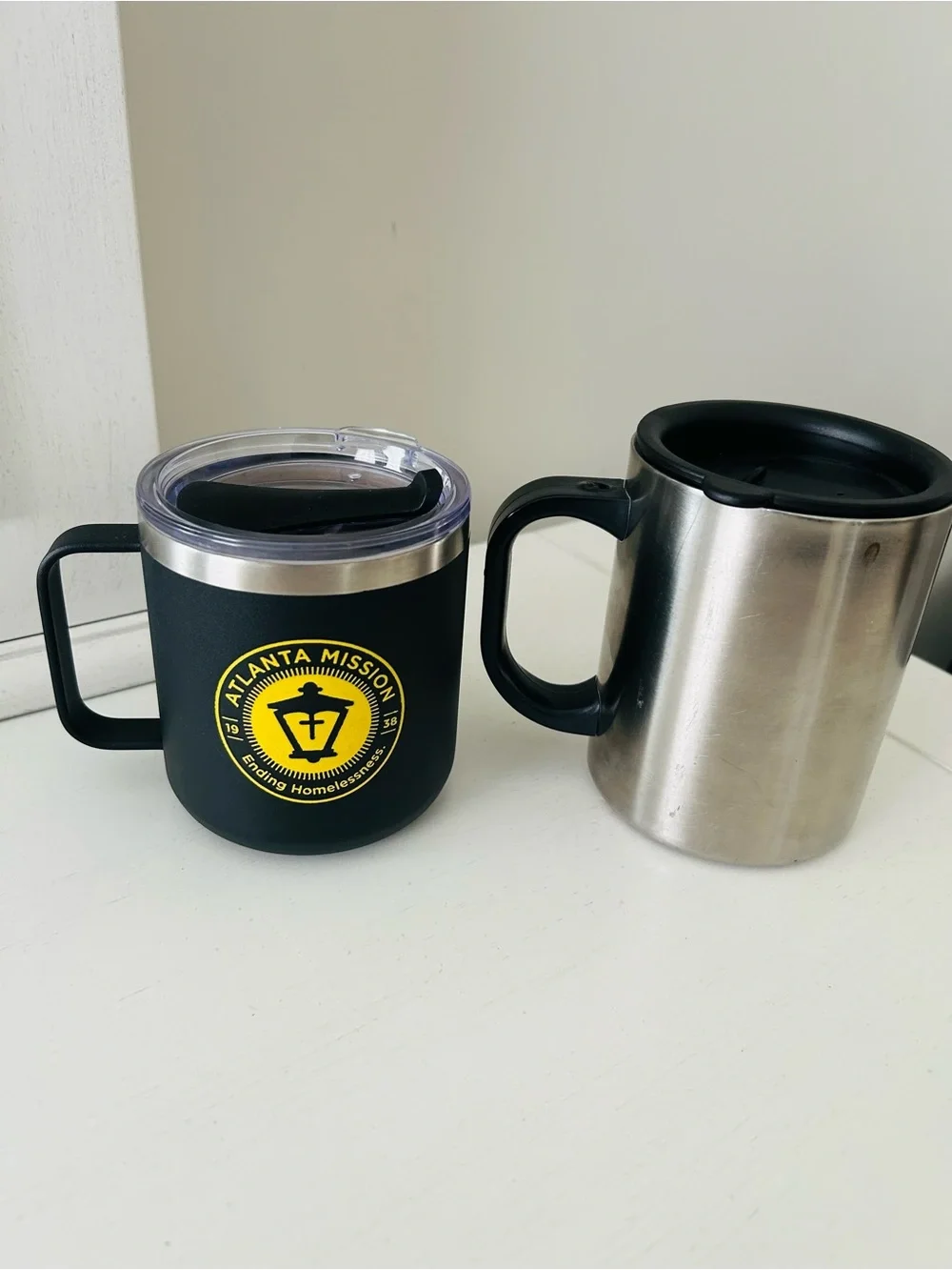 Stainless Steel and Black Insulated Travel Mugs - Set of 2 with tight lids
